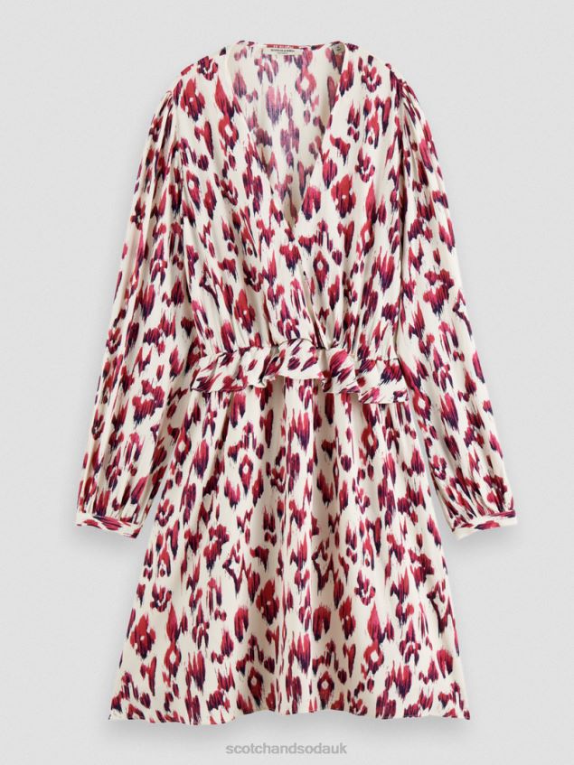 Scotch & Soda Women Long-Sleeved Printed V-Neck Mini Dress LP48HB28 Clothing Brushed Ikat Cherry Pie