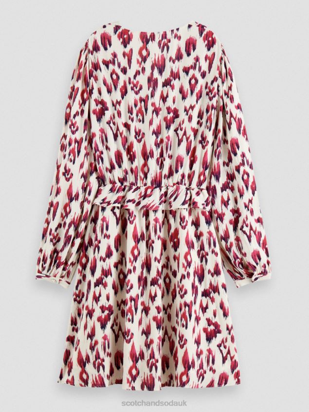 Scotch & Soda Women Long-Sleeved Printed V-Neck Mini Dress LP48HB28 Clothing Brushed Ikat Cherry Pie