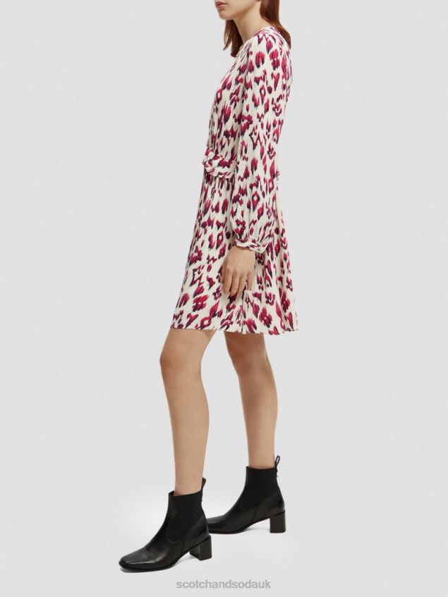 Scotch & Soda Women Long-Sleeved Printed V-Neck Mini Dress LP48HB28 Clothing Brushed Ikat Cherry Pie