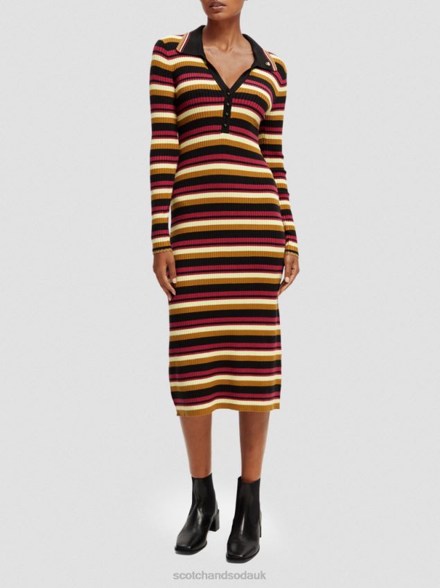 Scotch & Soda Women Long-Sleeved Rib Knitted Polo Midi Dress LP48HB13 Clothing Black