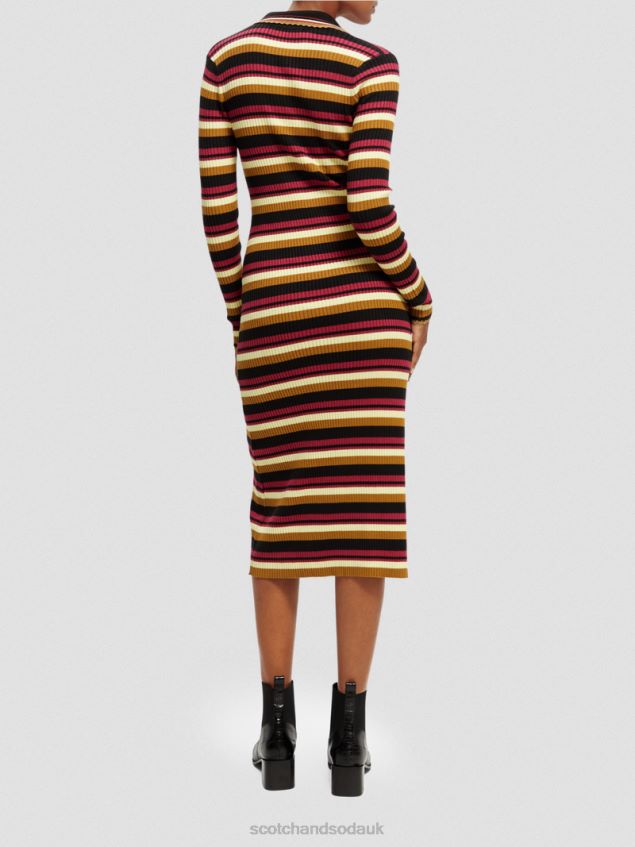Scotch & Soda Women Long-Sleeved Rib Knitted Polo Midi Dress LP48HB13 Clothing Black