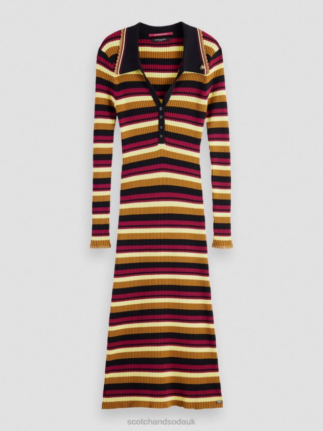 Scotch & Soda Women Long-Sleeved Rib Knitted Polo Midi Dress LP48HB13 Clothing Black