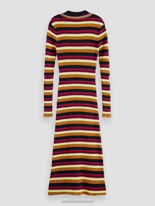 Scotch & Soda Women Long-Sleeved Rib Knitted Polo Midi Dress LP48HB13 Clothing Black