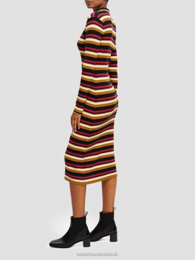 Scotch & Soda Women Long-Sleeved Rib Knitted Polo Midi Dress LP48HB13 Clothing Black