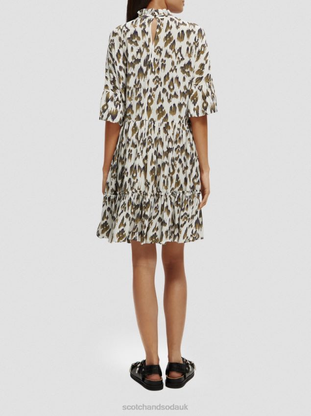 Scotch & Soda Women Ruffle-Sleeved Tiered Mini Dress LP48HB22 Clothing Brushed Ikat Army Green