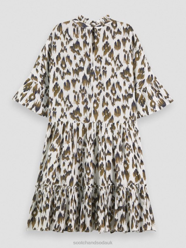 Scotch & Soda Women Ruffle-Sleeved Tiered Mini Dress LP48HB22 Clothing Brushed Ikat Army Green