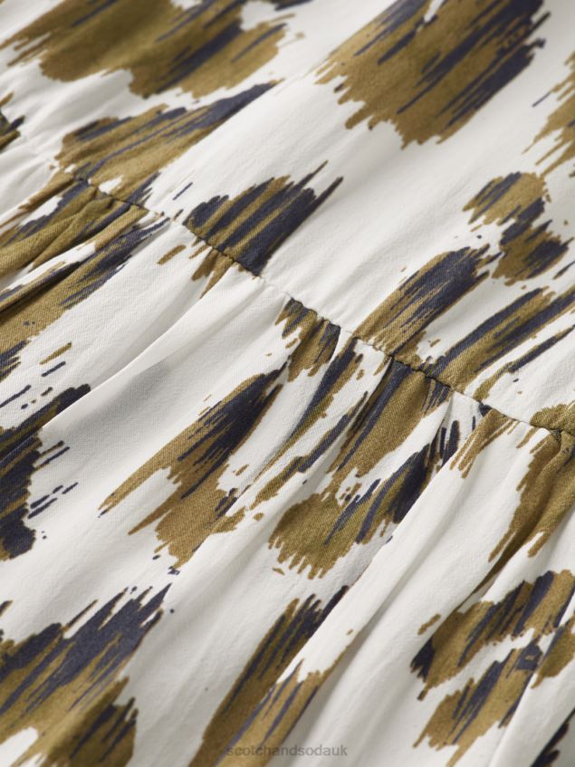 Scotch & Soda Women Ruffle-Sleeved Tiered Mini Dress LP48HB22 Clothing Brushed Ikat Army Green