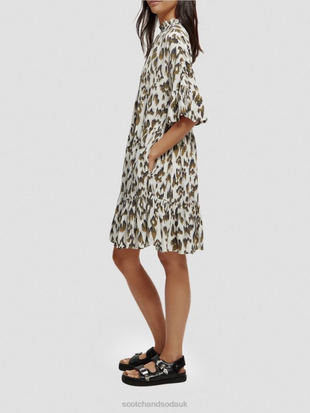 Scotch & Soda Women Ruffle-Sleeved Tiered Mini Dress LP48HB22 Clothing Brushed Ikat Army Green