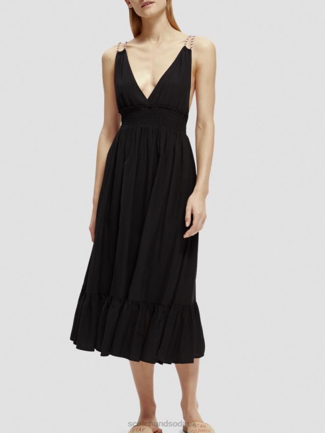 Scotch & Soda Women Smocked Midi Strap Dress LP48HB32 Clothing Black