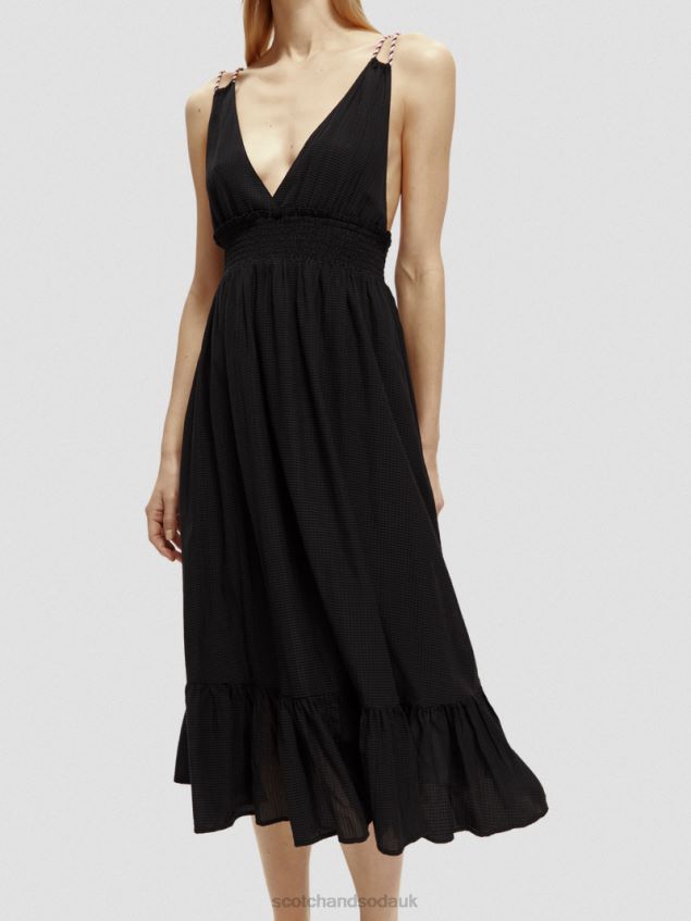 Scotch & Soda Women Smocked Midi Strap Dress LP48HB32 Clothing Black