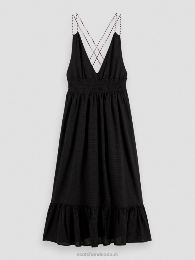 Scotch & Soda Women Smocked Midi Strap Dress LP48HB32 Clothing Black