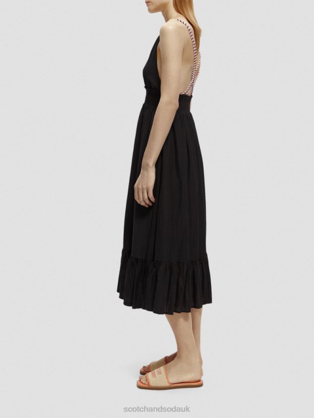 Scotch & Soda Women Smocked Midi Strap Dress LP48HB32 Clothing Black