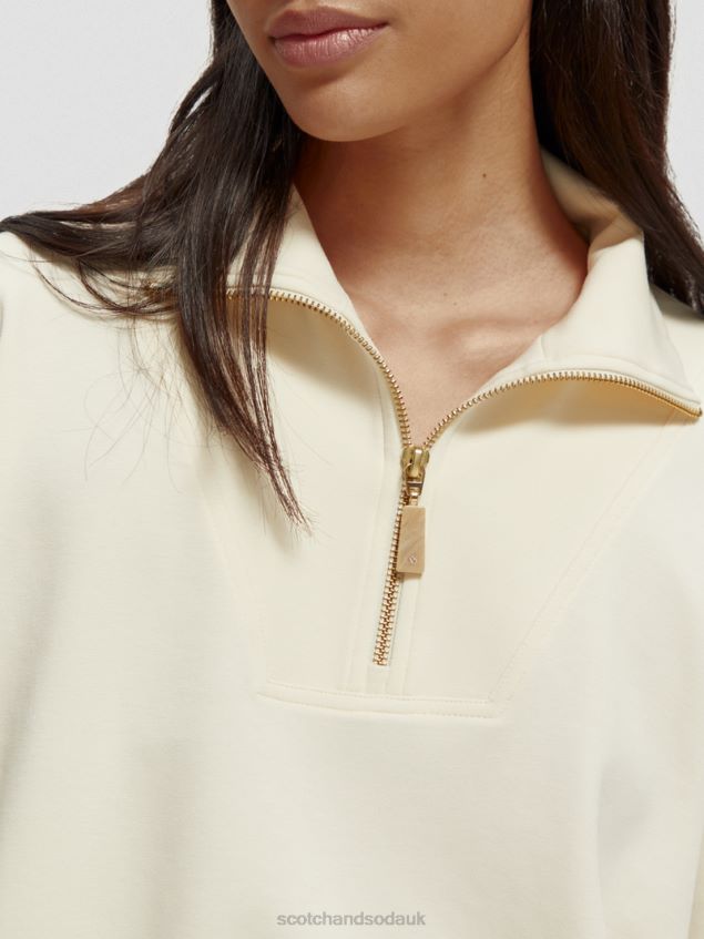 Scotch & Soda Women Half-Zip Trumpet-Sleeved Sweatshirt LP48HB192 Clothing Vanilla White