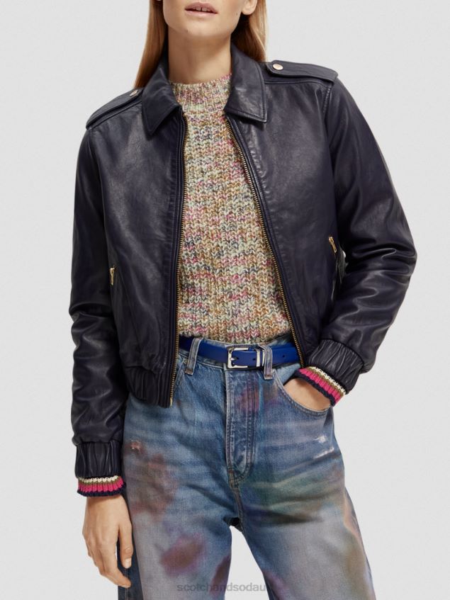 Scotch & Soda Women Leather Bomber Jacket LP48HB142 Clothing Navy