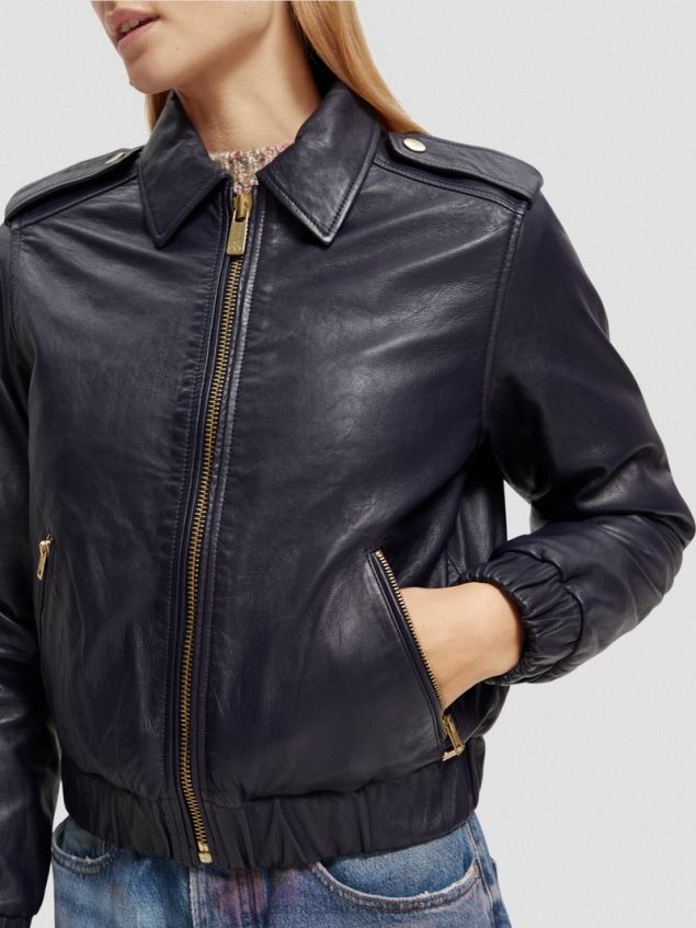 Scotch & Soda Women Leather Bomber Jacket LP48HB142 Clothing Navy