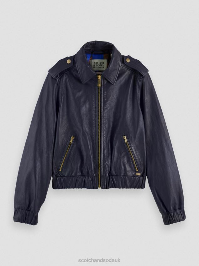 Scotch & Soda Women Leather Bomber Jacket LP48HB142 Clothing Navy