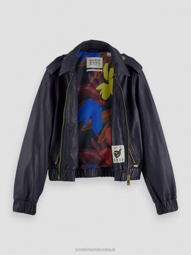 Scotch & Soda Women Leather Bomber Jacket LP48HB142 Clothing Navy