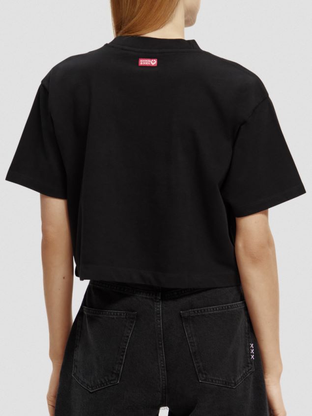 Scotch & Soda Women Embroidered Crop Top T-Shirt LP48HB73 Clothing Black