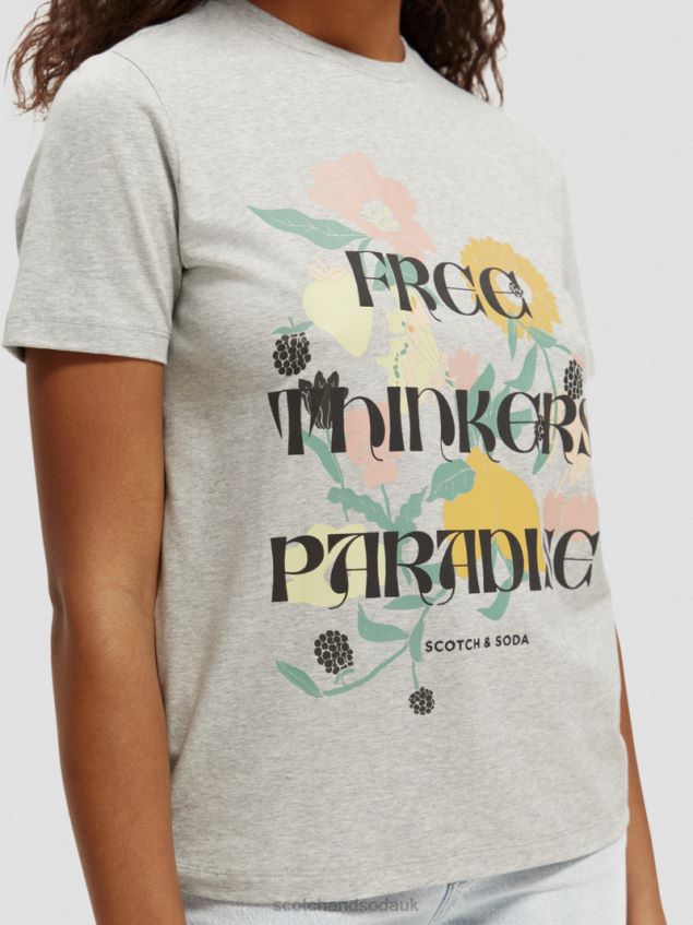Scotch & Soda Women Relaxed Fit Artwork Organic Cotton T-Shirt LP48HB82 Clothing Grey Melange