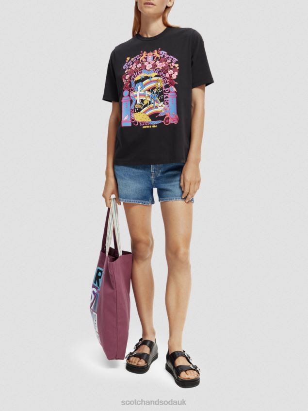 Scotch & Soda Women Relaxed Fit Artwork Organic Cotton T-Shirt LP48HB97 Clothing Black
