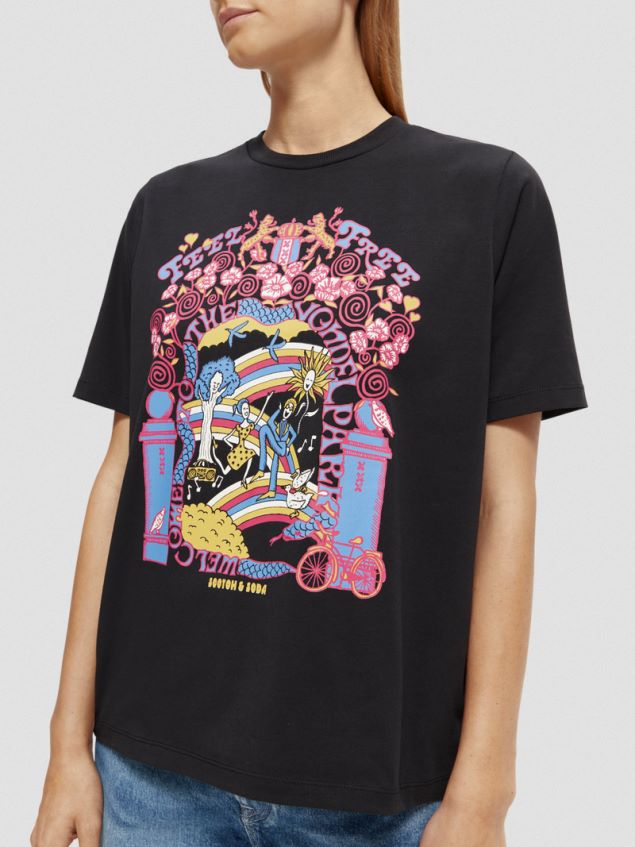 Scotch & Soda Women Relaxed Fit Artwork Organic Cotton T-Shirt LP48HB97 Clothing Black
