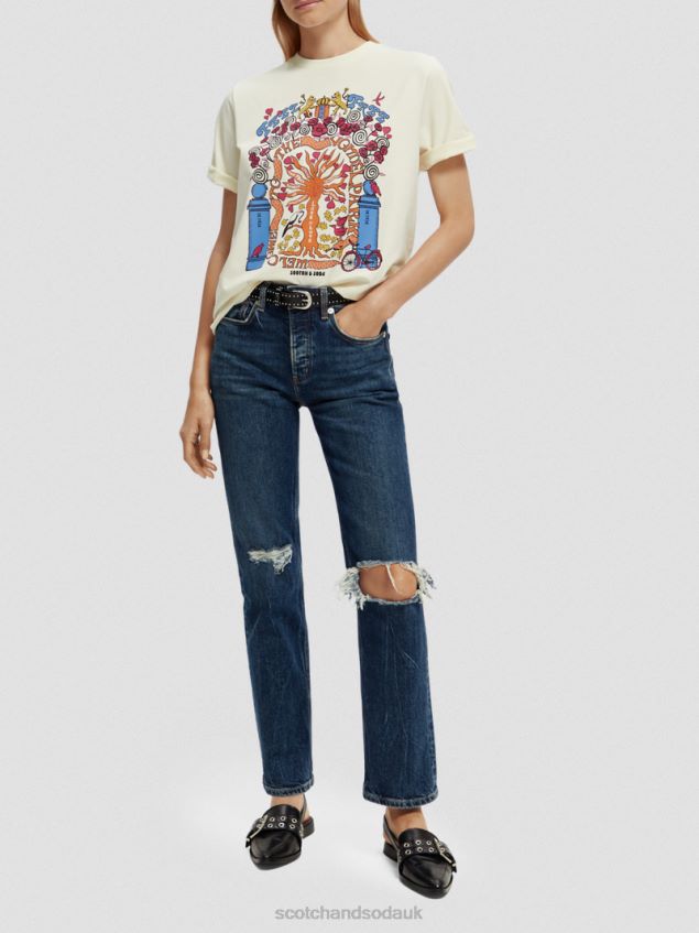 Scotch & Soda Women Relaxed Fit Artwork Organic Cotton T-Shirt LP48HB98 Clothing White