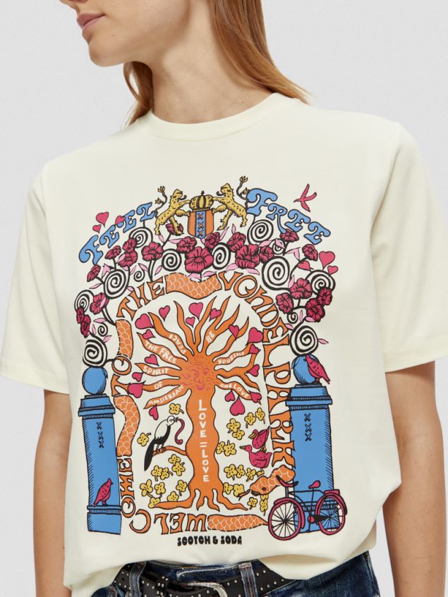 Scotch & Soda Women Relaxed Fit Artwork Organic Cotton T-Shirt LP48HB98 Clothing White